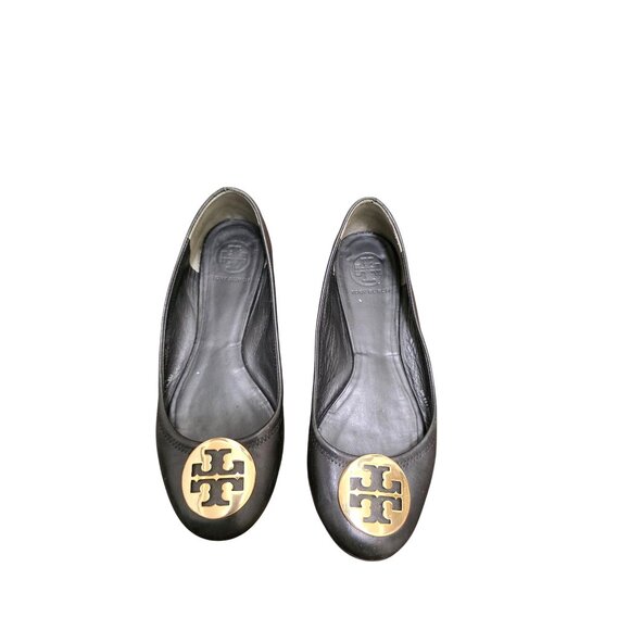 Tory Burch Black Leather Gold Logo Flats Women's Size 8 - Picture 1 of 12